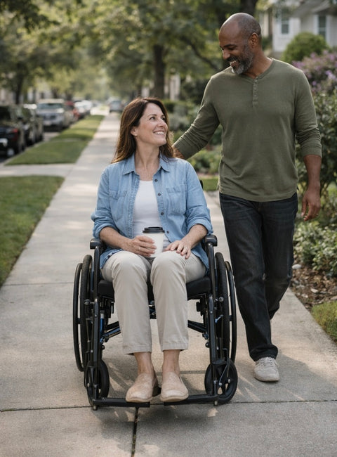 A woman seated in a Strongback ErgoSteel wheelchair on a suburban sidewalk, a man walking beside her