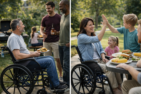 Two scenes of people using Strongback ErgoSteel wheelchairs at outdoor family gatherings