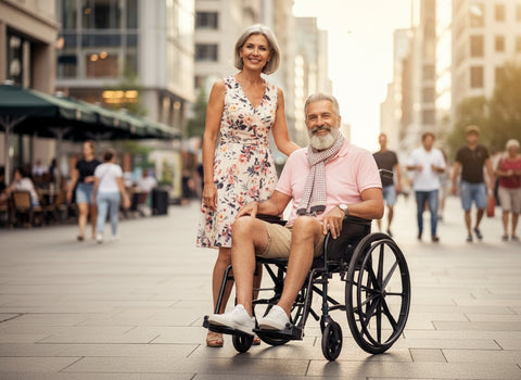 A man seated in a Strongback ErgoSteel wheelchair on a sunlit city street, a woman standing beside him