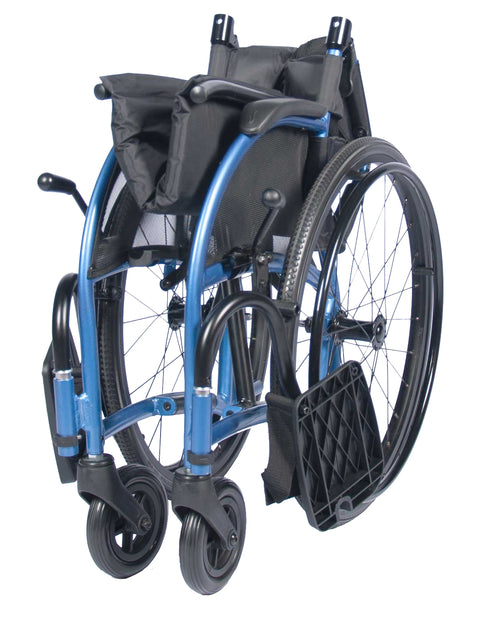Strongback Comfort S wheelchair folded, blue frame with footplates and anti-tippers, side view on a white background