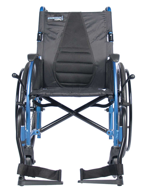 Strongback Comfort S wheelchair front view, showing the contoured ergonomic backrest, padded armrests and both footplates