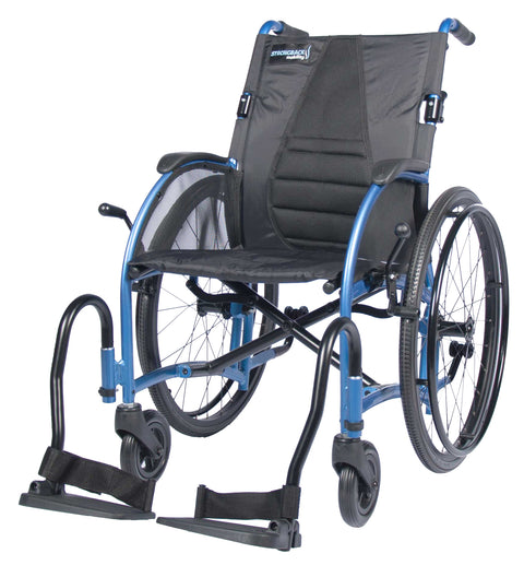 Strongback Comfort S wheelchair front three-quarter view in blue, with swing-away legrests and anti-tippers fitted