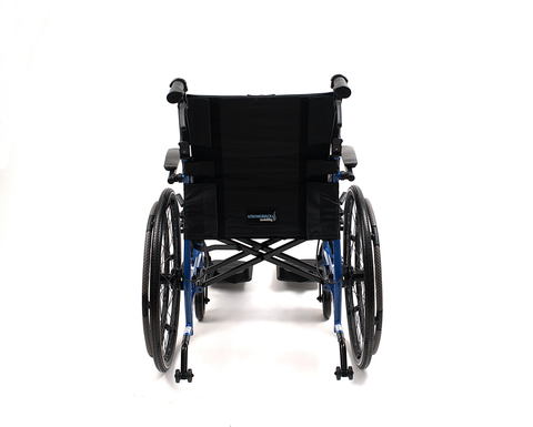 Strongback Comfort Flip wheelchair from directly behind, showing both push handles, the full-width backrest, both 24 inch rear wheels and the anti-tip tubes