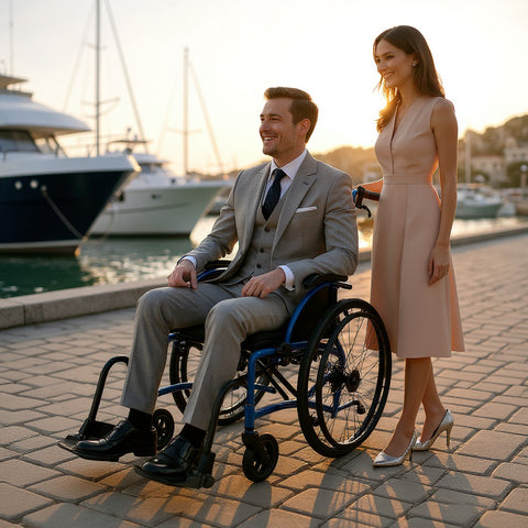 A man seated in a blue Strongback Comfort Flip on a harbour promenade at sunset, a woman standing behind the chair
