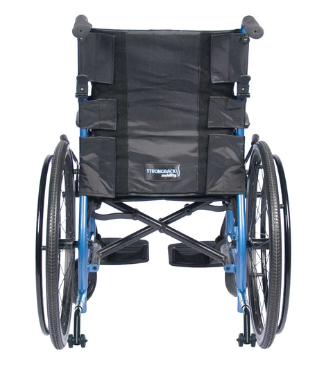 Strongback Comfort S wheelchair rear view, showing the shaped backrest, push handles and anti-tip tubes