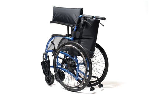 Strongback Heavy Duty wheelchair folded for transport, seen from the rear with both 24 inch rear wheels and the padded backrest still attached