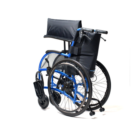 Rear view of the Strongback Comfort wheelchair showing the padded backrest top, the push handles and the lumbar curve shaped into the frame