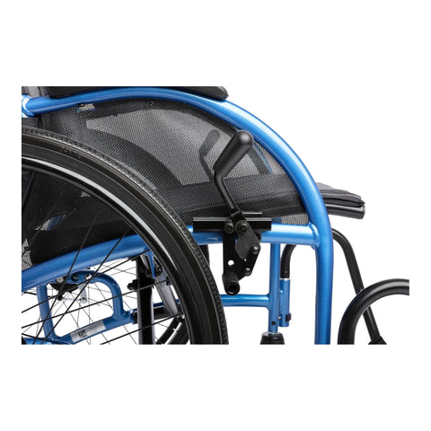 Close-up of the Strongback Comfort backrest, showing the lumbar curve shaped into the aluminum frame behind the upholstery