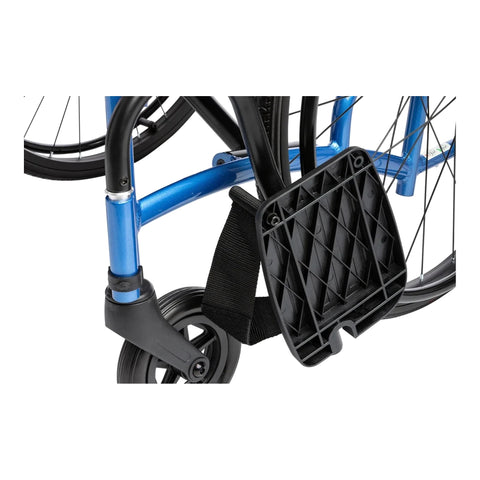 Close-up of the Strongback Comfort swing-away legrest, showing the textured footplate, the calf strap and the front castor