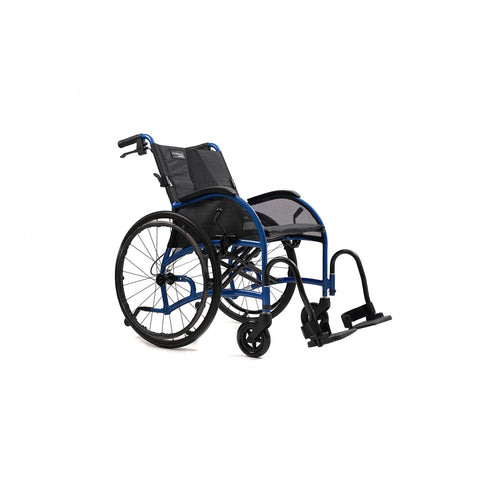 Strongback Comfort wheelchair from the front three-quarter, showing the desk-length armrests, the seat and the swing-away legrests