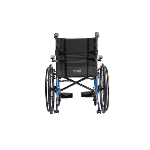 Strongback Comfort wheelchair seen straight on from the front, showing the desk-length armrests, the seat and both footplates