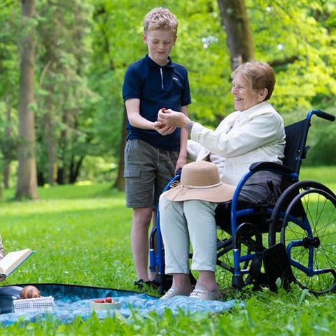 An older woman in a blue Strongback Comfort wheelchair holds hands with her grandson at a family picnic in a park