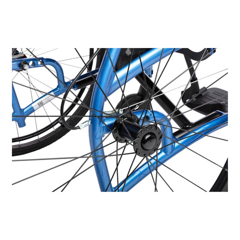 Close-up of the Strongback Comfort rear wheel hub, showing the quick-release axle and spokes that let the wheel come off without tools