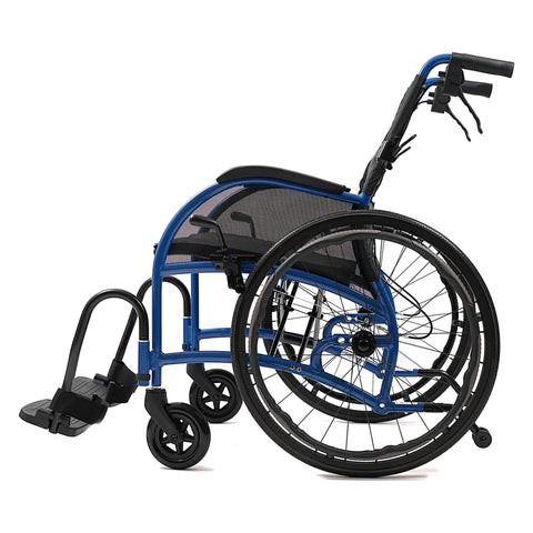 Strongback Comfort wheelchair from the side, showing the ergonomic backrest built into the frame, attendant brake levers on the push handles and a 24 inch quick-release rear wheel