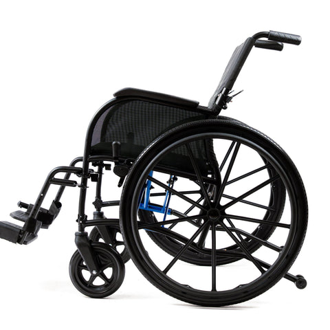 Strongback ErgoSteel wheelchair, full side view on a white background, square crop, showing the 24 inch rear wheel, front caster, swing-away footrest and blue steel cross-brace