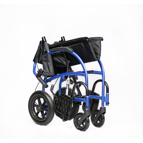 The Strongback Excursion transport chair folded to 25 inches, with the 12 inch rear wheels still attached because they are not removable