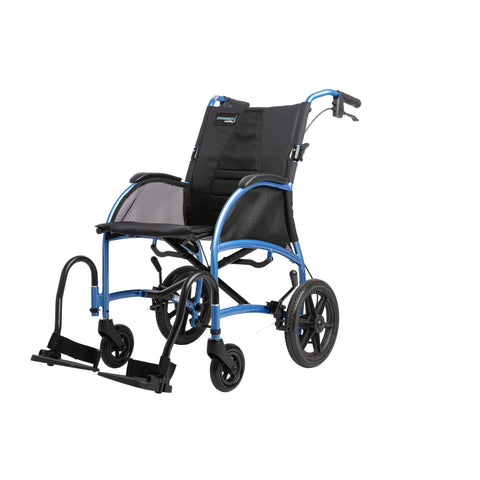 Strongback Excursion transport chair from the front three-quarter, showing the desk-length armrests, the padded seat and the swing-away legrest